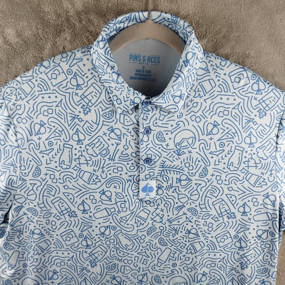 Pin And‎ Aces Performance Golf Doodle Blue Polo Shirt Mens XL AOP Stretch
